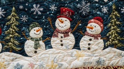Hand-sewn quilt with a winter wonderland scene snowmen and pine trees.