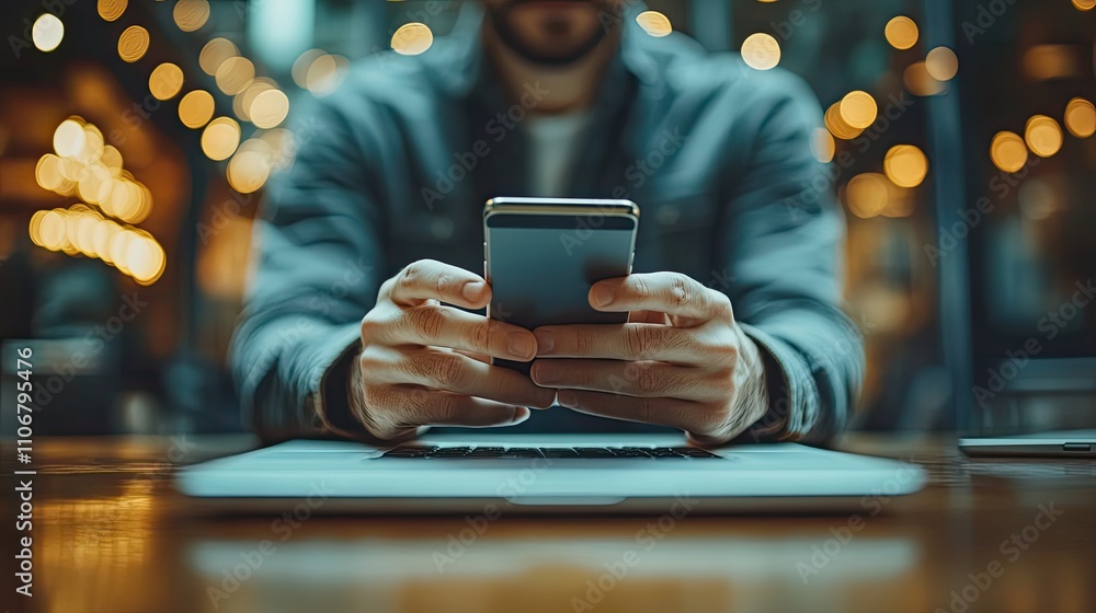 Poster a close-up shows hands holding a phone while sitting at a desk with a laptop in the background and a