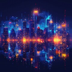 Obraz premium A vibrant city skyline at night, illuminated by colorful lights and reflections in water.