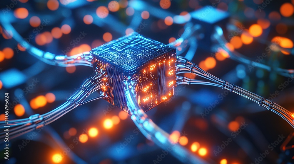 Poster a futuristic microchip surrounded by glowing connections in a digital environment.