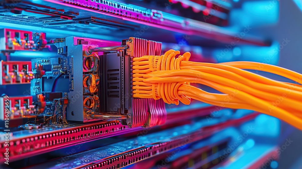 Poster a close-up of colorful cables connecting to a server in a tech environment.