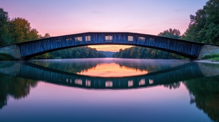 Fototapeta premium A serene bridge arches over still water, reflecting the colors of a twilight sky, surrounded by lush greenery.