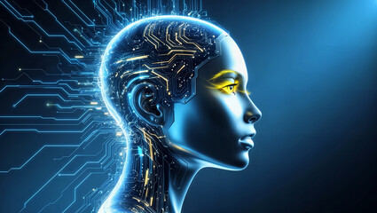Advanced humanoid head featuring glowing blue and yellow eyes with neon neural patterns. Generative AI