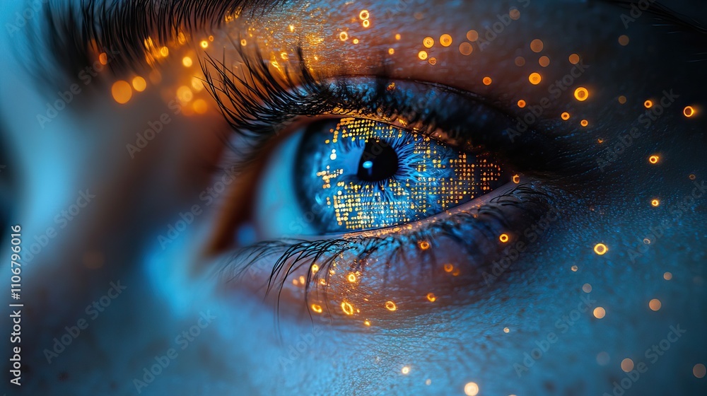 Poster a closeup of an eye with digital binary code flowing through it symbolizes technology's impact on hu