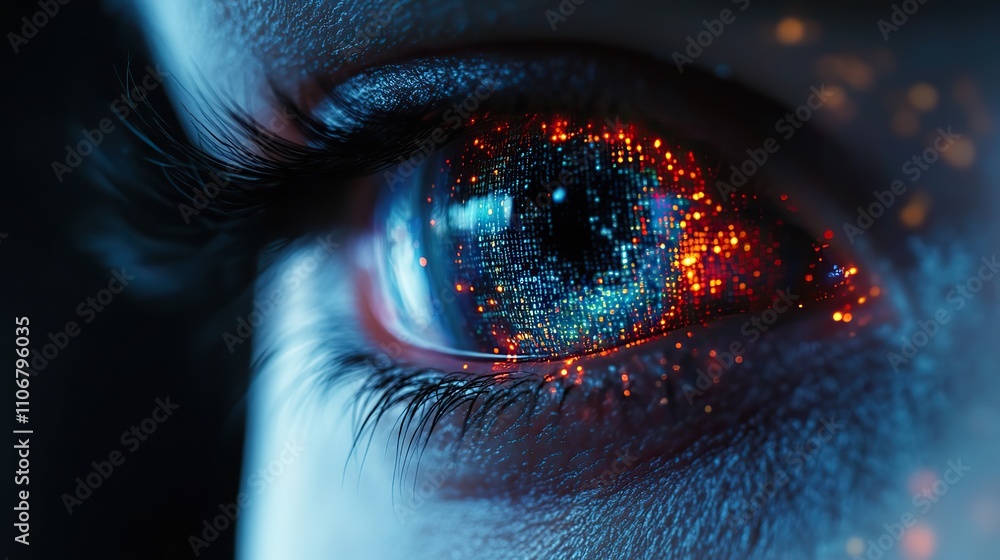 Poster a closeup of an eye with digital binary code flowing through it symbolizes technology's impact on hu