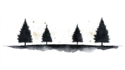 Obraz premium Hand-Drawn Black Christmas Tree Silhouettes with Gold Stars on White Background