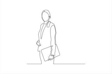 Single line drawing of businesswoman holding a folder.