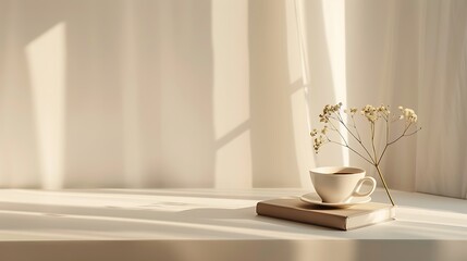 A minimalist scene of coffee a novel and soft sunlight streaming in
