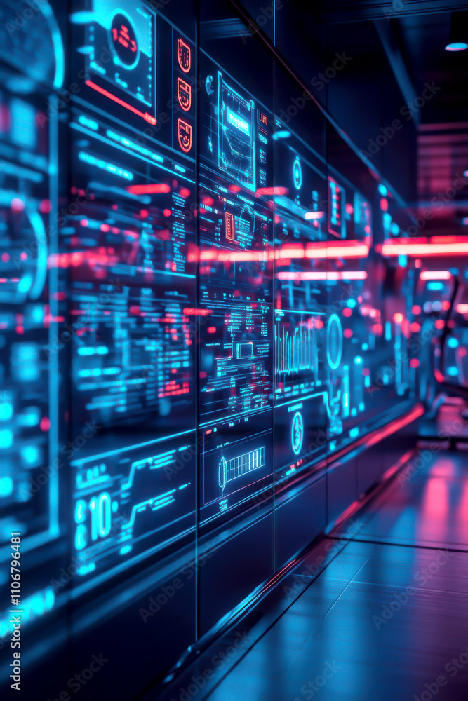 Poster futuristic interface displays glowing with digital data.