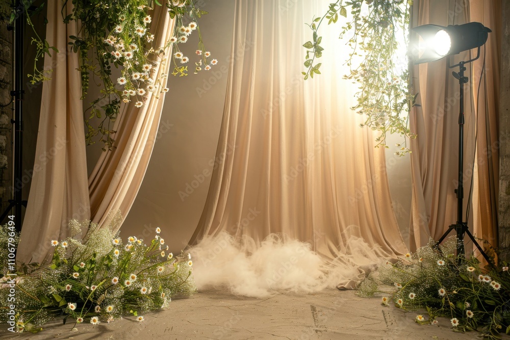 Poster rustic bohemian style earthy taupe studio backdrop with a matte finish, natural linen curtains with 