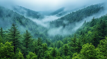 A cloudy forest scene evokes a sense of mystery and serenity