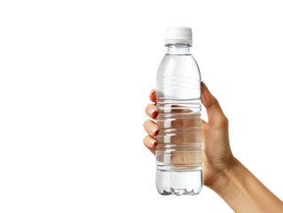 Hand holding water bottle isolated transparent background 