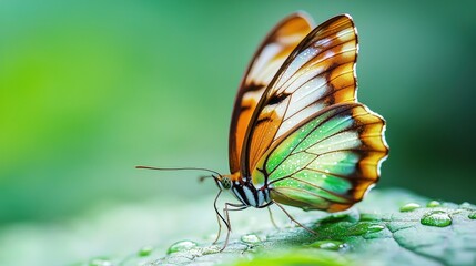 A close-up of a vibrant butterfly resting on a green leaf, showcasing its intricate patterns and colors against a soft blurred background.