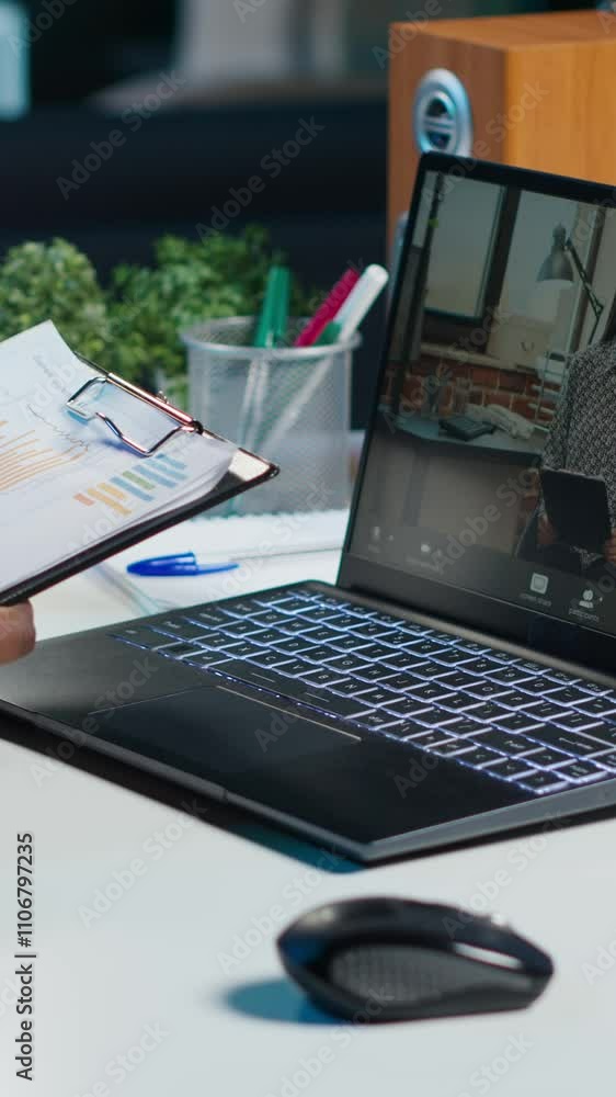 Aufkleber vertical video employee working from home doing business meeting videocall with manager requesting t