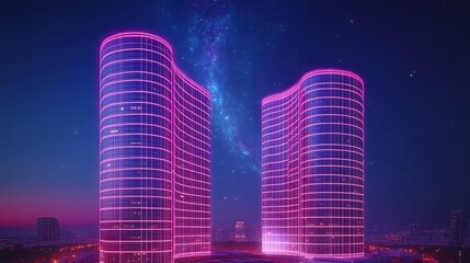 Fototapeta premium Two Modern Illuminated Skyscrapers at Night