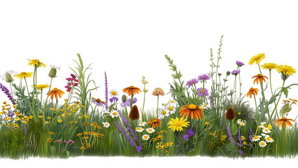 Vibrant Wildflower Meadow with Colorful Blooms and Lush Greenery isolated on transparent Background 