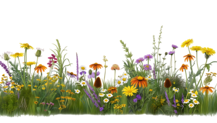 Vibrant Wildflower Meadow with Colorful Blooms and Lush Greenery isolated on transparent Background 