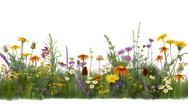 Vibrant Wildflower Meadow with Colorful Blooms and Lush Greenery isolated on transparent Background 