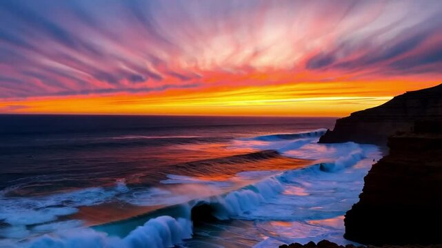 A breathtaking view of the colorful sunset over the Pacific Ocean coastline in Baja California, with waves crashing against the rugged cliffs under a vibrant sky. 