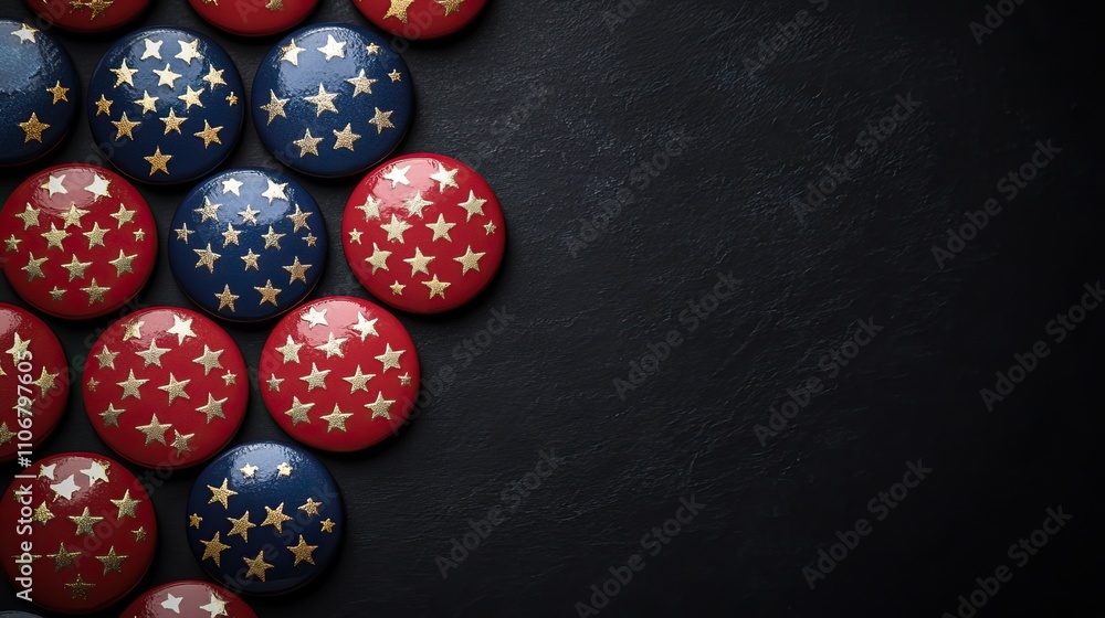 Poster a collection of usa flag buttons and vote badges sits on a black background with copy space