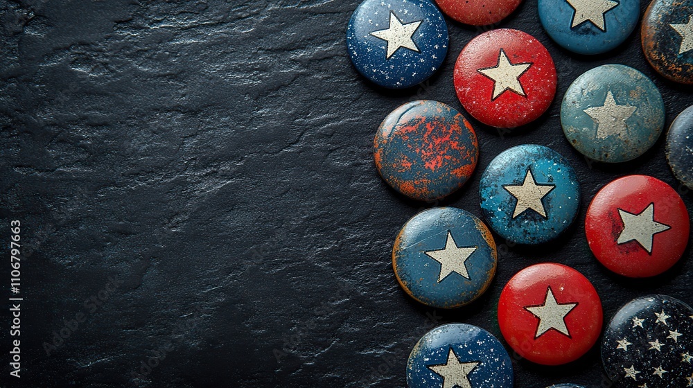 Poster a collection of usa flag buttons and vote badges sits on a black background with copy space