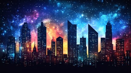 Fototapeta premium Cityscape Under a Vibrant, Starry Night Sky