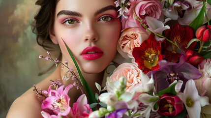 Naklejka premium Stunning Artistic Portrait of a Woman Surrounded by Vibrant Flowers