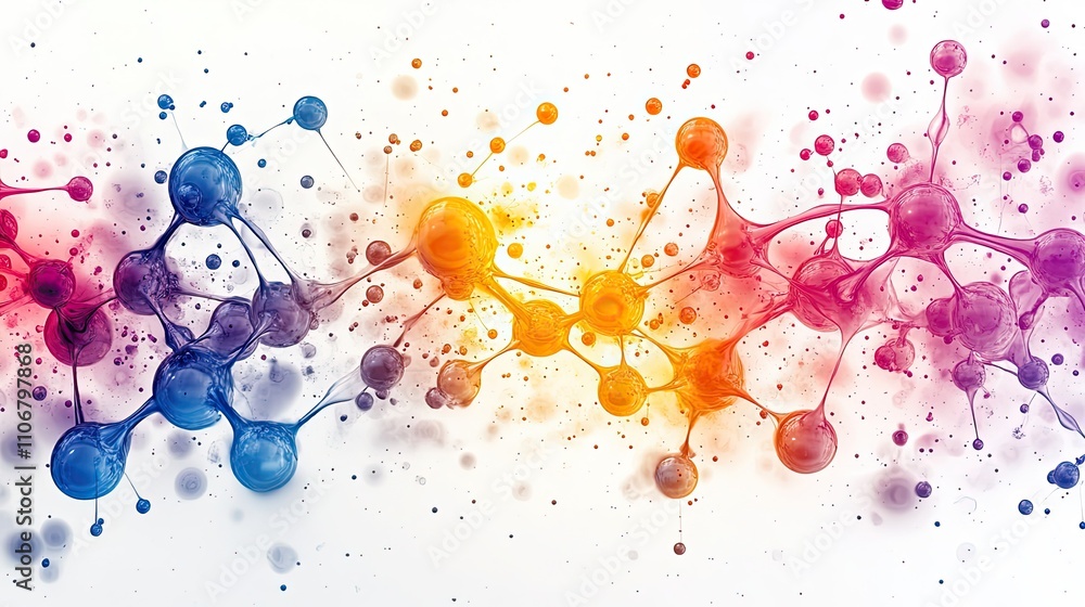 Poster a colorful abstract molecular structure pattern on a white background, illustrating scientific conce