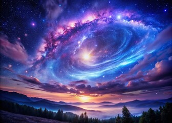 Captivating Night Sky with Swirling Galaxy and Twinkling Stars in Vibrant Purple and Blue Hues for Fashion-Inspired Photography