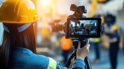 A woman in a hard hat films a construction site with a camera on a tripod.