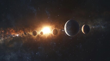 Solar system view with planets and glowing sun