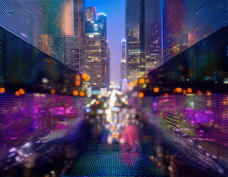 地下鉄のトンネルや高層ビルの影の中で光が広がり、都市内部の無限の可能性を象徴する　ビルの光と影が自己探求の舞台を映し出すアブストラクトで滑らかな背景イメージ