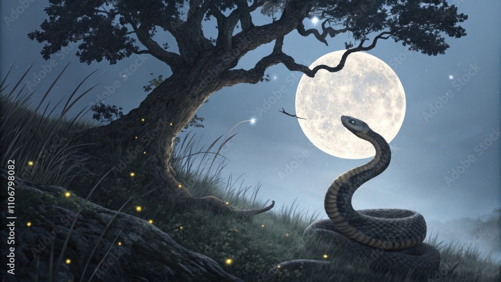 Poster majestic s under the moon under a full moon a large s elegantly curls itself around a gnarled ancien