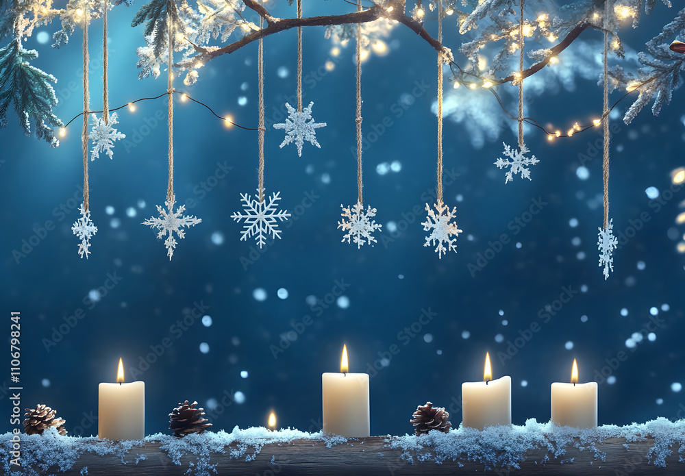 Poster A blue background with candles and snowflakes hanging from strings, Holiday concept.