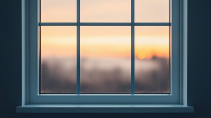 Fototapeta premium A serene window view showcasing a colorful sunrise, blending soft hues of orange and yellow against a blurred background.