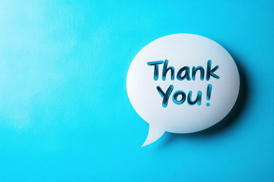 White speech bubble with the word "thank" on it.