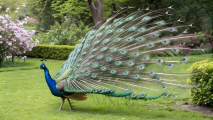 Obraz premium A majestic peacock, a vibrant bird with iridescent blue feathers, displays its stunning plumage in a serene park