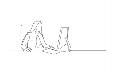 Single line drawing of woman working on computer.