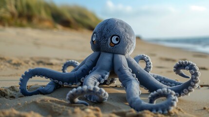 A soft octopus plushie with long tentacles resting on sandy beach