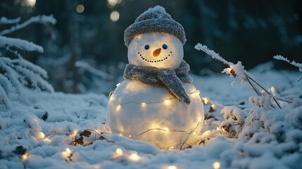 Obraz premium Illuminated snowman in festive forest with holiday lights