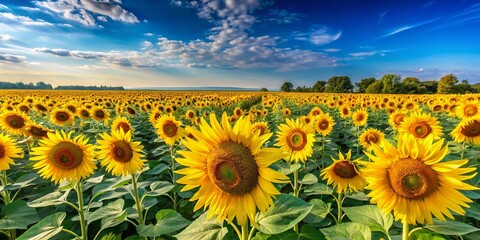 Fototapeta premium Captivating Panoramic View of a Vibrant Sunflower Field with Abundant Sunflower Seeds Under a Bright Blue Sky, Perfect for Agriculture and Nature Enthusiasts