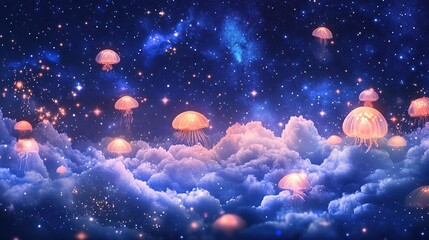 Fototapeta premium Glowing jellyfish floating in a cosmic starry meadow