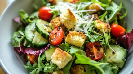 A vibrant salad bowl filled with mixed greens, cherry tomatoes, cucumber slices