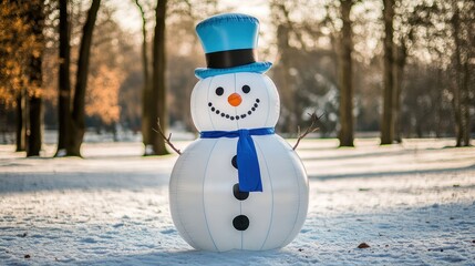 Inflatable snowman with a top hat and blue scarf, creating a festive scene on a snowy day