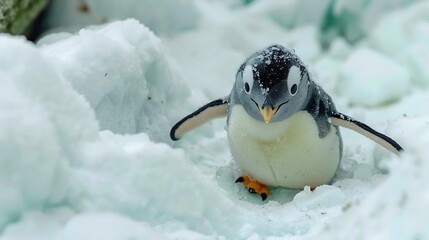 A soft plush penguin sliding down an icy slope playful atmosphere