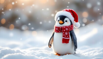 A penguin in a warm hat and scarf, standing in the snow, setting in the sun in winter. A cheerful penguin wearing a Santa hat and scarf stands in a snowy landscape, embodying a festive winter spirit