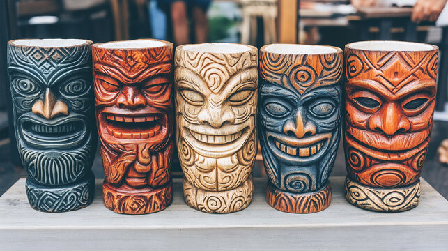 Colorful handcrafted tiki masks showcasing tribal art and culture
