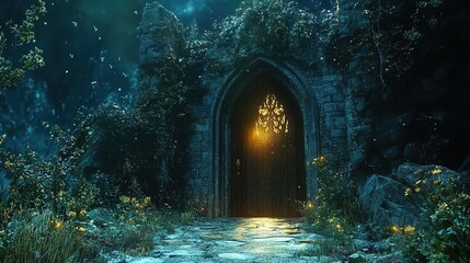 Fototapeta premium Mystical glowing door in dark enchanted forest