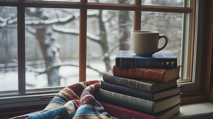 A stack of adventure novels with coffee cup balanced on top next to a window