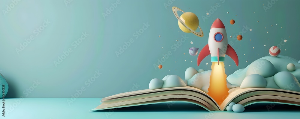 Poster rocket launching from an open storybook into space